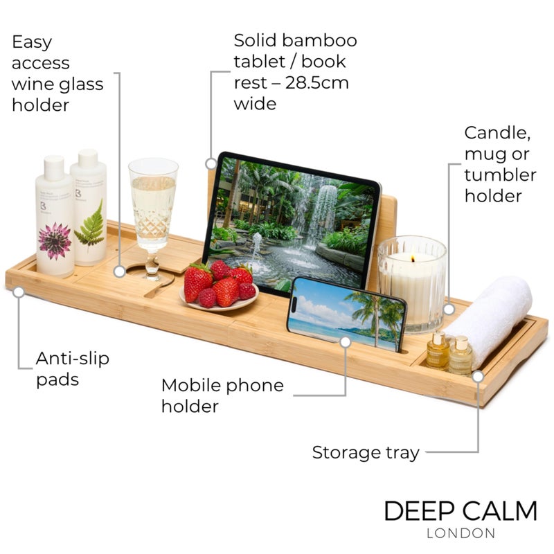 Deep Calm Bathtub Tray Caddy - Bamboo Foldable Bath Tub Table, Expandable Bath Tray Holds All Bathtub Accessories, Perfect Luxury Relaxing Gift for Self Care - Image 2